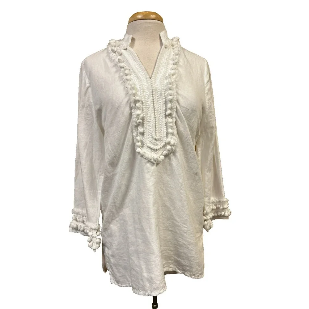 Chico's SZ 1 White Linen Tunic Top Pompom + Fringe Accented‎ V-Neck 3/4 Sleeves